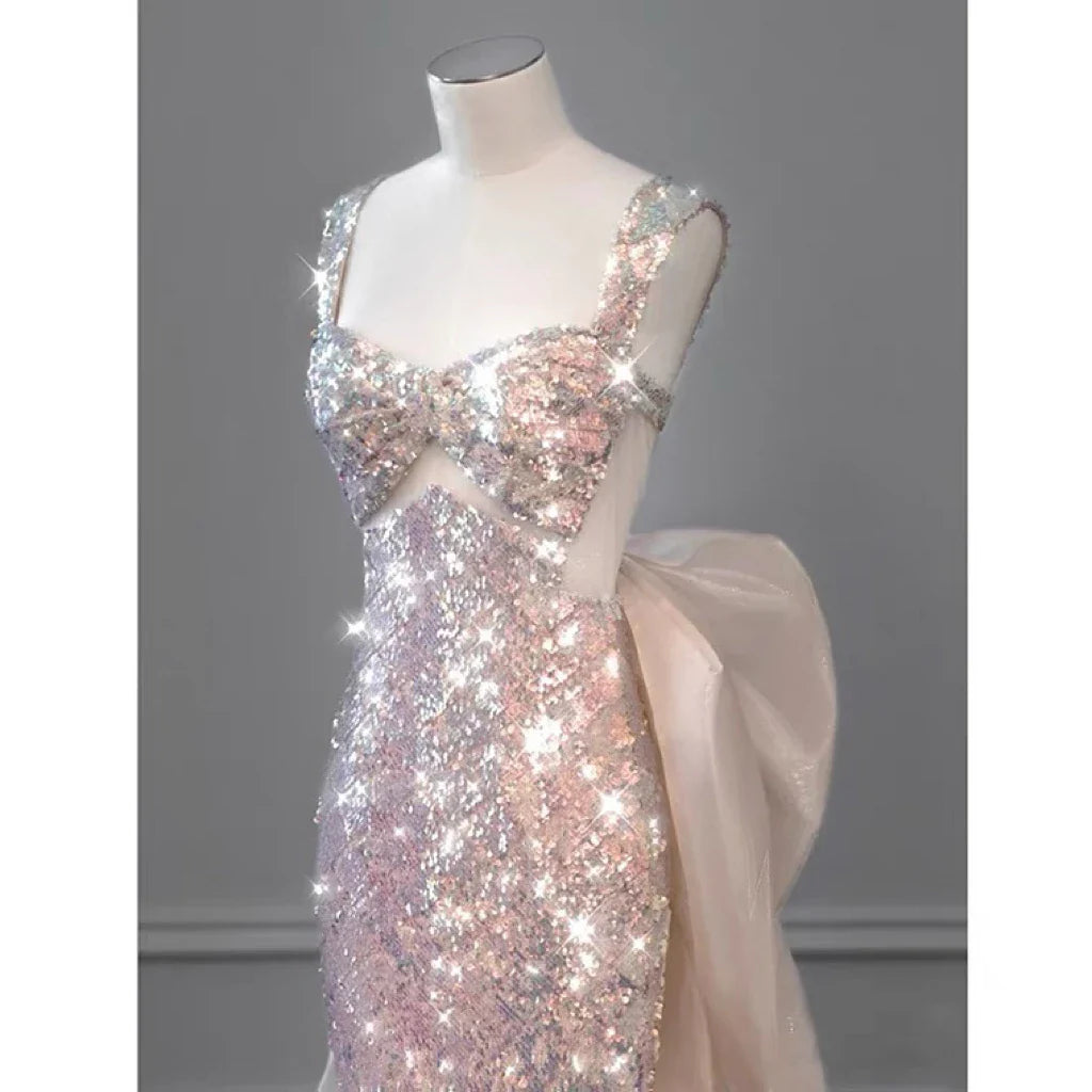 jinran Shiny Pink Mermaid Evening Dresses Bowknot Sequined Beading Detachable Tailing Halter Collar Customize Luxury Prom Gowns 2024