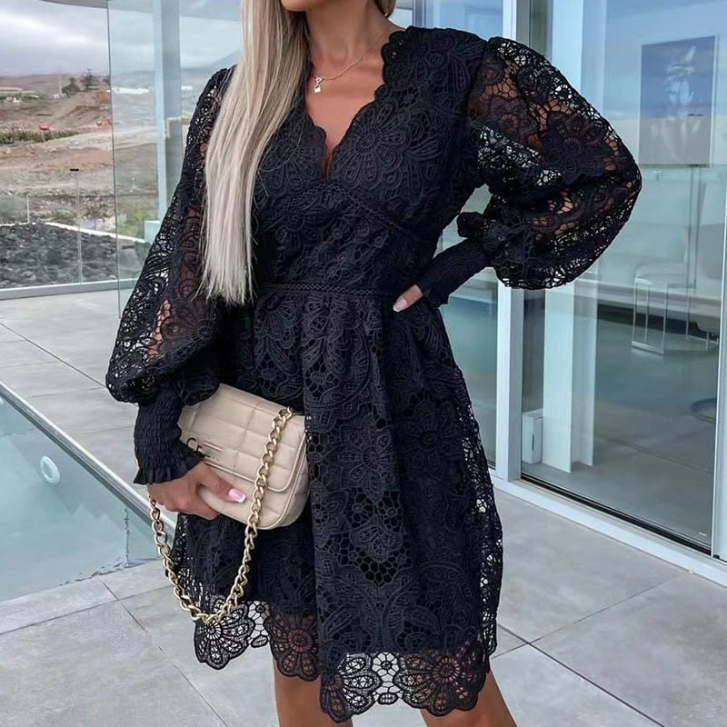 jinran Summer Loose Vintage Solid Color Lace Dress Fashion V-Neck Flare Sleeve Embroidery Dress Women New Hollow Out Pattern Mini Dress
