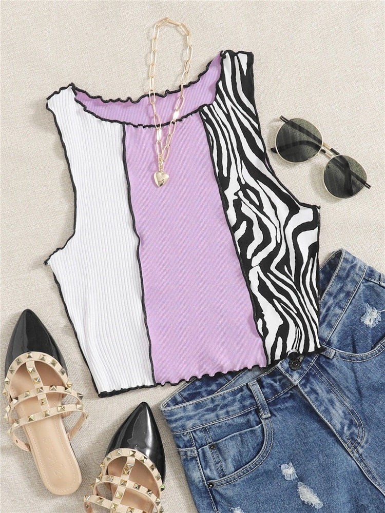 jinran Zebra Stripe Graphic Patchwork Rib Knit Ruched Crop Vest Women Y2K Clothes Summer Harajuku Sleeveless Tank Tops Streetwear