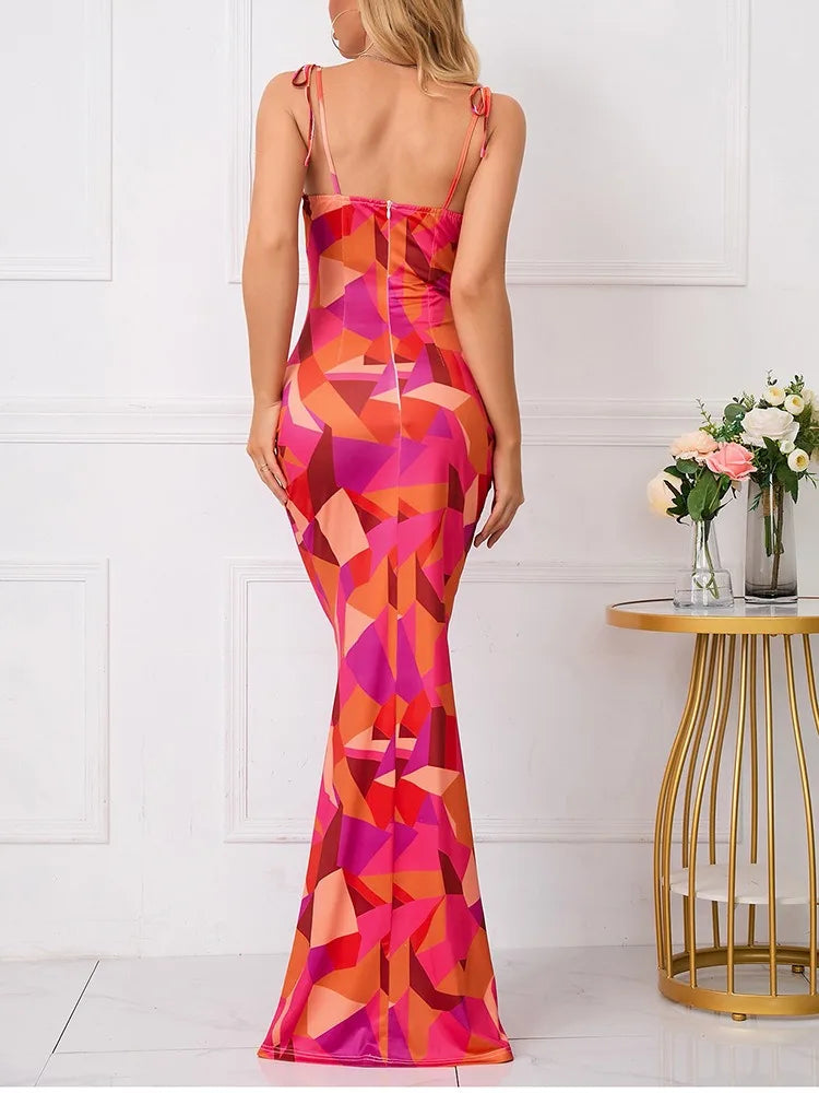 jinran Sexy Dress Women Summer Sleeveless Bohemian Floral Print Bandage Backless Slim Corset Long Dress Elegant Club Party Streetwear