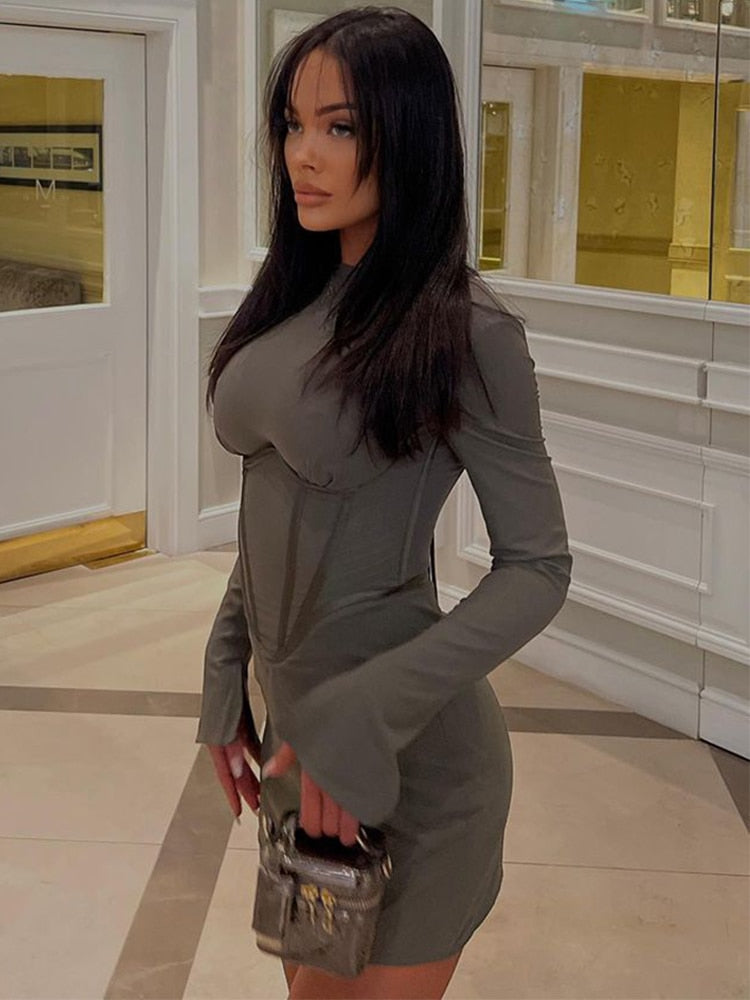 jinran Women Illusion Bodycone Mini Dress O-Neck Split Flare Sleeve Wrap Skirt Solid Slim Bodycon Spring Summer New Partywear
