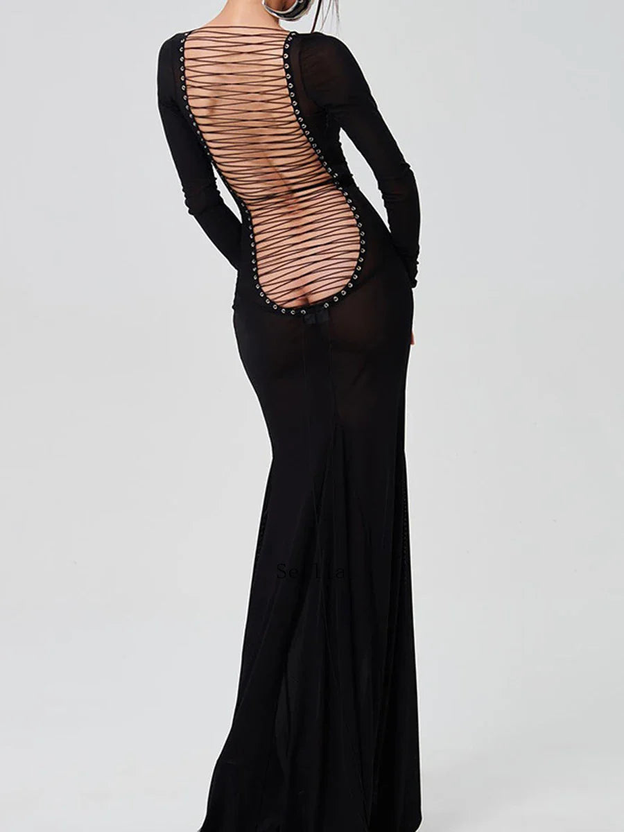 jinran Women See Through Bodycon Long Dress Long Sleeve Mesh Sheer Maxi Dress Cross Tie Up Backless Club Party Dress Maxi Dress