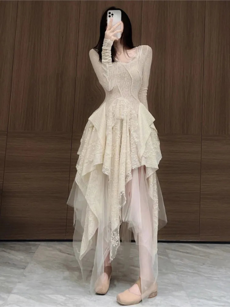jinran - French Elegant Women's Vintage Dress 2022 Autumn Winter New Irregular Lace Splicing Evening Long Bridesmaid Party Dress