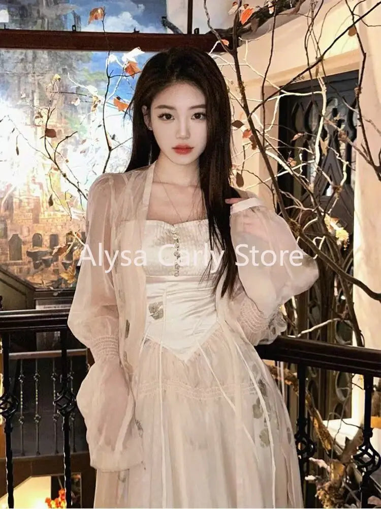 jinran Vintage Floral Dress Women Elegant Korean Style Patchwork Slip Dress Female Casual Party Long Fairy Dress Autumn 2024