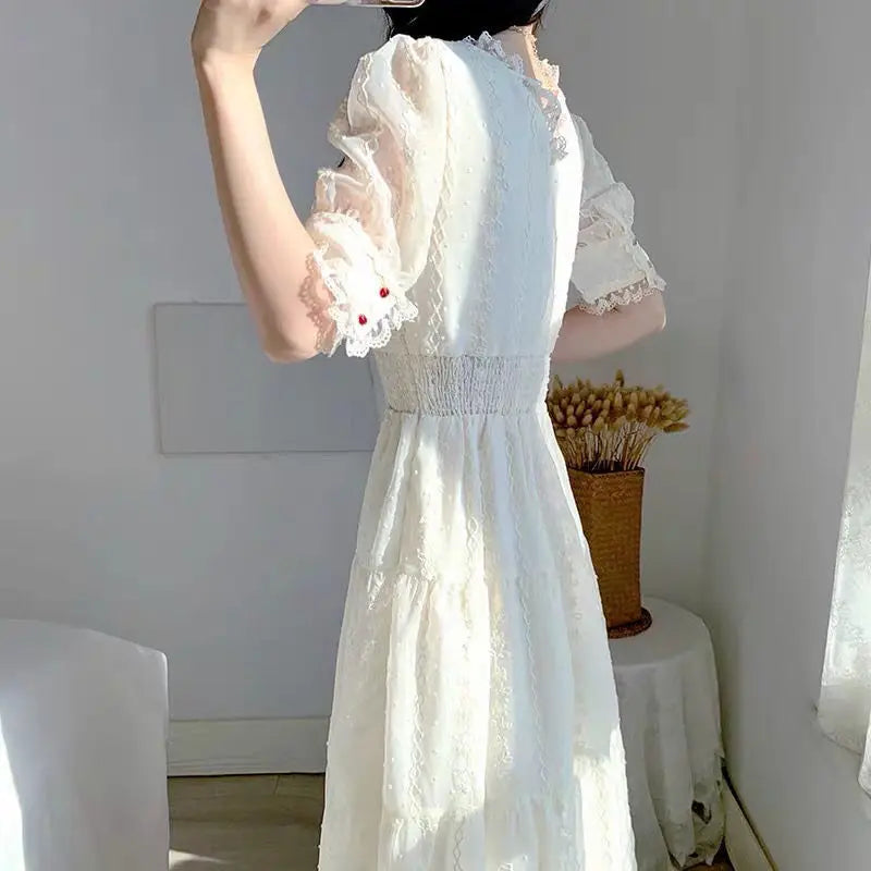 jinran Vintage Lace Fairy Midi Dress Women 2024 Summer French Floral Elegant Party Princess Dress Ladies Party One-piece Dress Korean