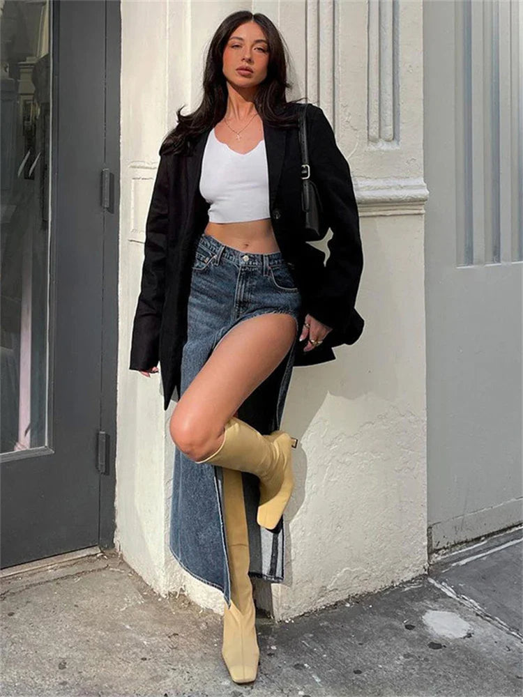 jinran 2024 Summer Split Out Denim Skirt Jeans Women Casual Long Skirt Low Waisted Jean Streetwear New Midi Pencil Skirt Y2k New