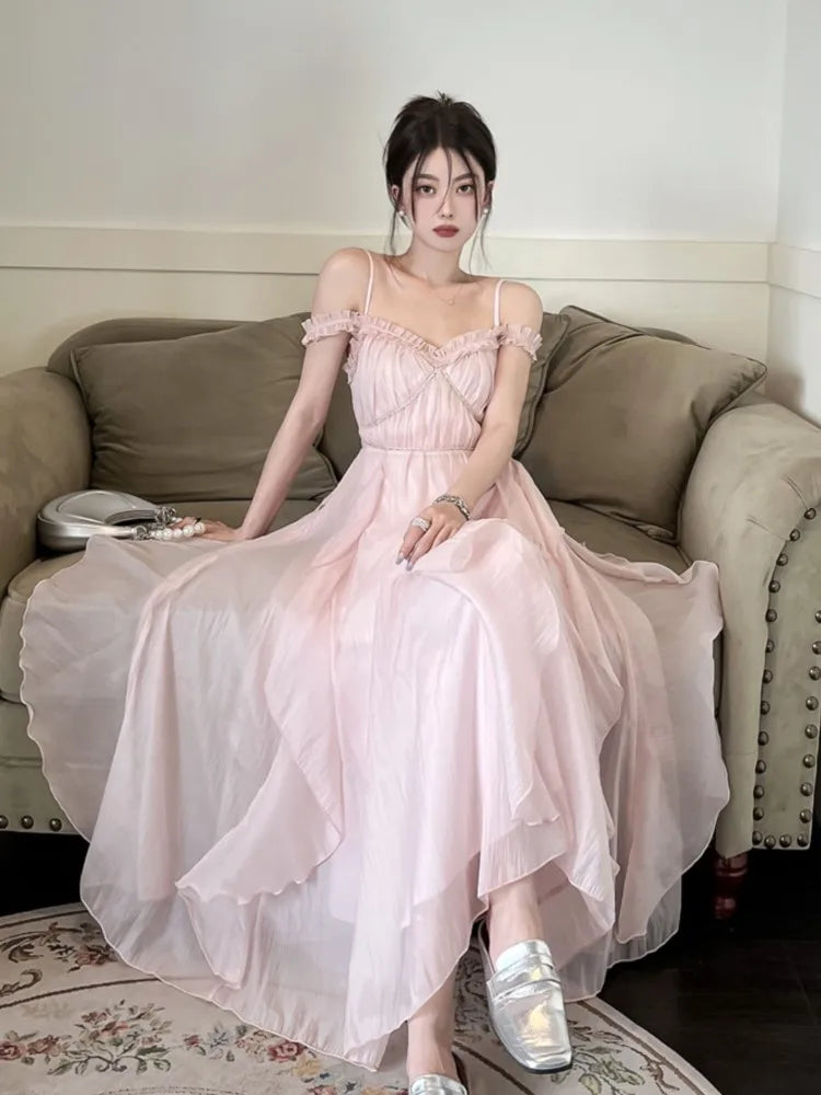 jinran Summer Women Sweet Pink Fairy Chiffon Midi Dress Korean Elegant One-piece A-Line Vestidos Female Clothing Mujers