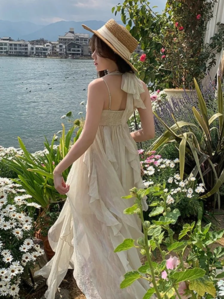 jinran France Fashion Irregular Beach Strap Dress Female Elegant Chiffon Fairy Party Vestidos Korea Summer Casual Clothing
