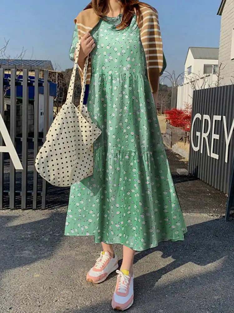 jinran Women Summer Floral Sundress Bohemian Printed Dresses Holiday Party Beach Dress Short Sleeve Maxi Vestidos Robe Femme