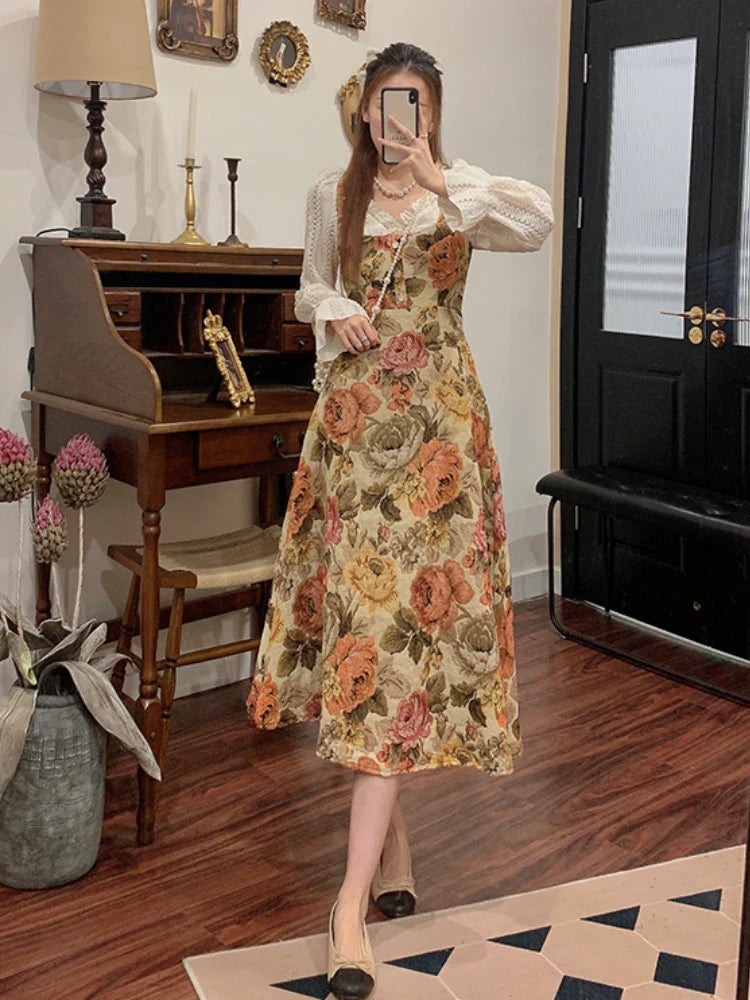 jinran Print Retro Elegant Fairy Dress Women Lace Korean Style Evening Party Midi Dress French Vintage Floral Dress Female 2024Summer