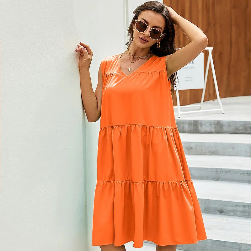 jinran Orange bright dress spring and summer new all-matching small skirt fresh mini skirt beach holiday beach dress