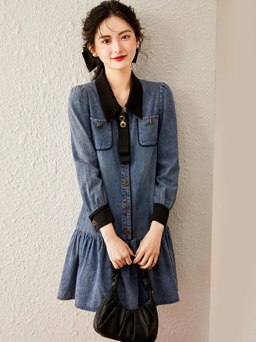 jinran Women Dress 2024 Summer Fashionable Washed Denim Dress Detachable Bow Tie Long Sleeve Polo Neck Short Dress for Women