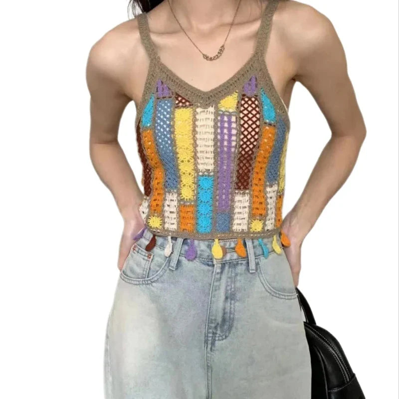 jinran Women Bohemian Crocheted Sleeveless V-Neck Camisole Summer Hollowed Knitted Colorful Tassels Thin Straps Crop Top