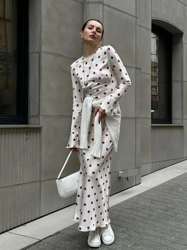 jinran Women's 2024 Autumn O-Neck Long Sleeve Floral Print Satin Bodycon Maxi Dress For Ladies Elegant Slim Evening Dress