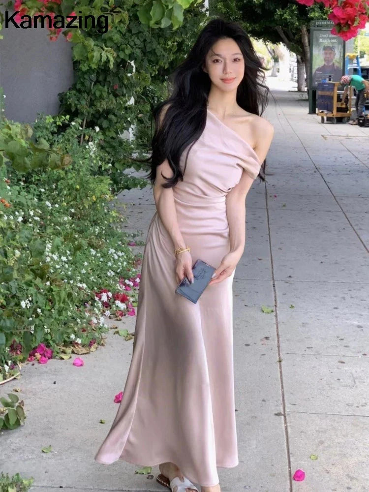 jinran Women Elegant Solid Evening Party Dresses Summer Fashion Korean Graduation Formal Dress Off Shoulder Slim Vestidos Clothing