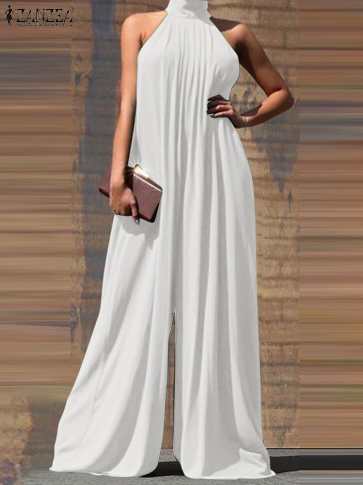 jinran Fashion Women Jumpsuits Summer Pleated Wide Leg Overalls Casual Solid Sleeveless Loose Button Up Oversized Rompers