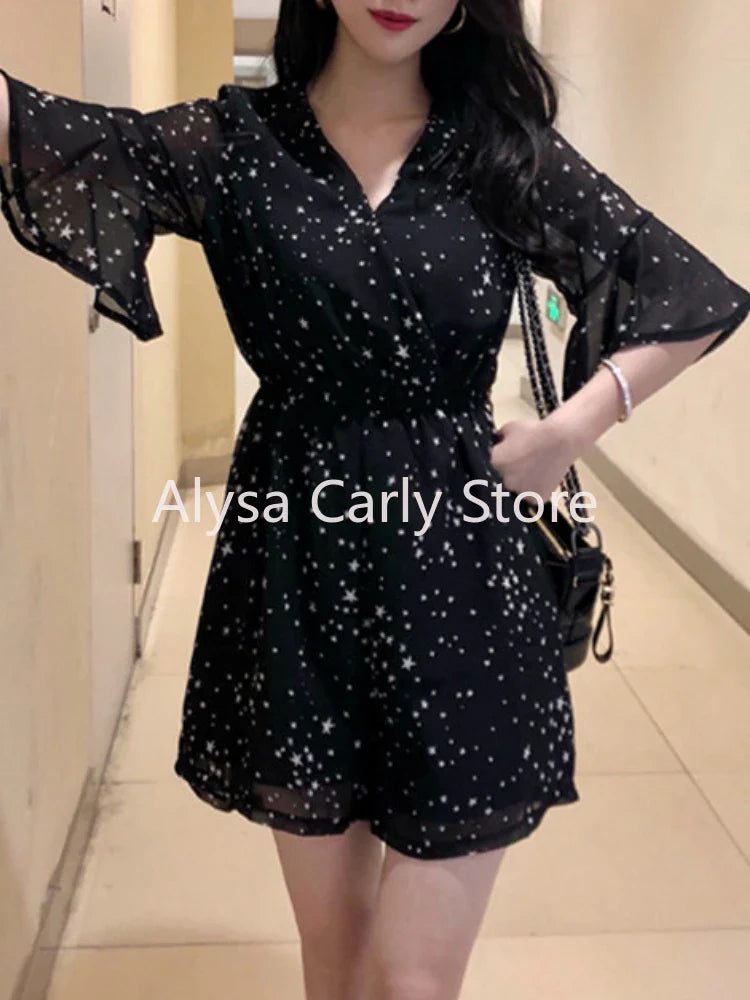 jinran Korean Elegant Chiffon Mini Dress Women Sexy V-neck Floral Fairy Dress Female 2024 Summer Fashion Casual Evening Party Dress Y2k