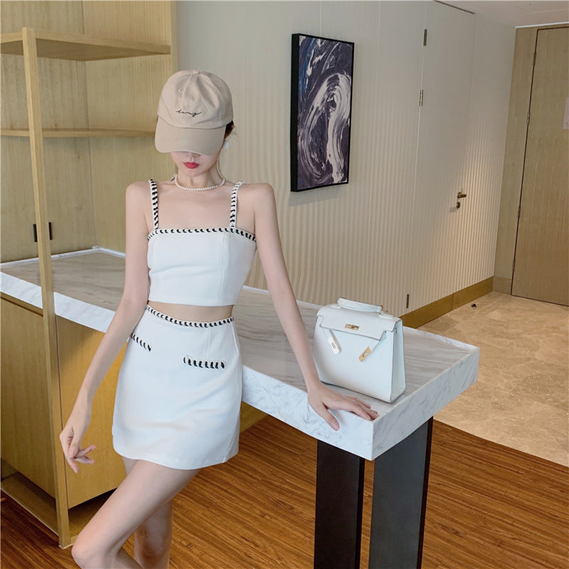 jinran Small Fragrant Breeze Crop Top Women Sexy Knitting Camisole Fashion High Waist Hip Skirt Suit 2022 Summer New