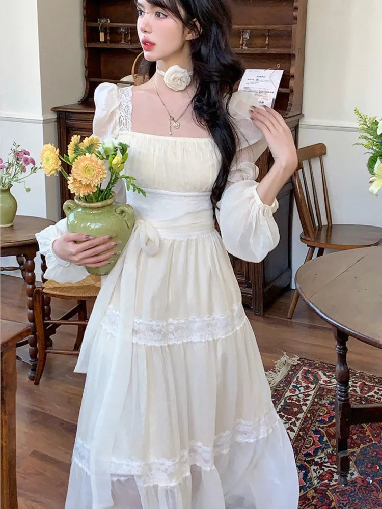 jinran Summer Chiffon Midi Dress Women Lace Y2K Lolita Fairycore Puff Sleeve High Waist French Vintage Evening Party Dresses Prom Robe