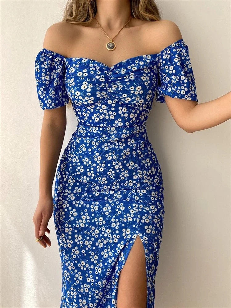 jinran Sexy Floral Print Short Sleeve Hip Wrap Party Dress Elegant Off Shoulder Backless Dress New Summer Waist Slit Boho Long Dresses