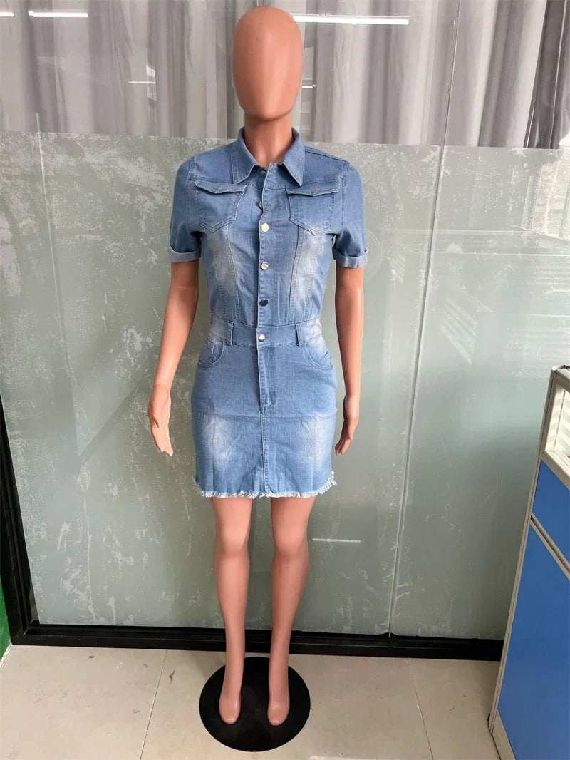 jinran Streetwear Jean Jacket Dress Women Summer Y2K Clothing Short Sleeve Button Up Mini Dress Vintage Cowboy Denim Dress Vestidos
