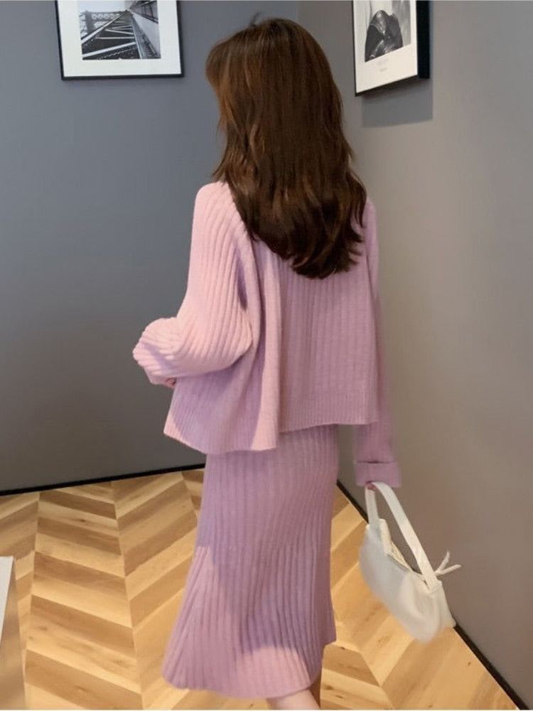 jinran Womans Clothes for Autumn Winter Loose Solid Knitwear Women's Two Piece V-Neck Casual Dress Set Long Sleeve Sweater Skirt