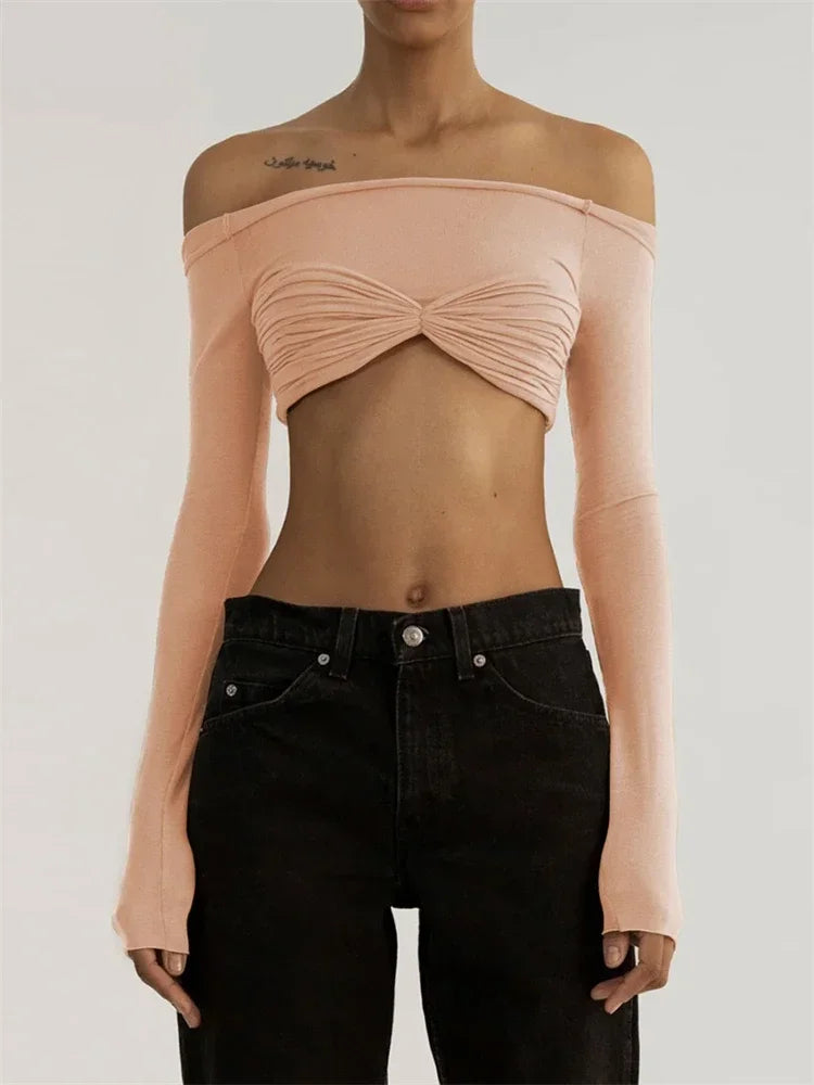 jinran Women Sheer Mesh Crop Top Twist See-Through Mesh Knit Copped Shirt Tops Bustier Off-Shoulder Long Sleeve Summer Hot Tops
