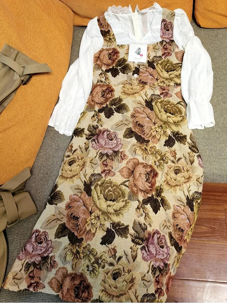 jinran French Vintage Floral Dress Women Lace Korean Style Evening Party Midi Dress Female Print Retro Elegant Fairy Dress Autumn 2024