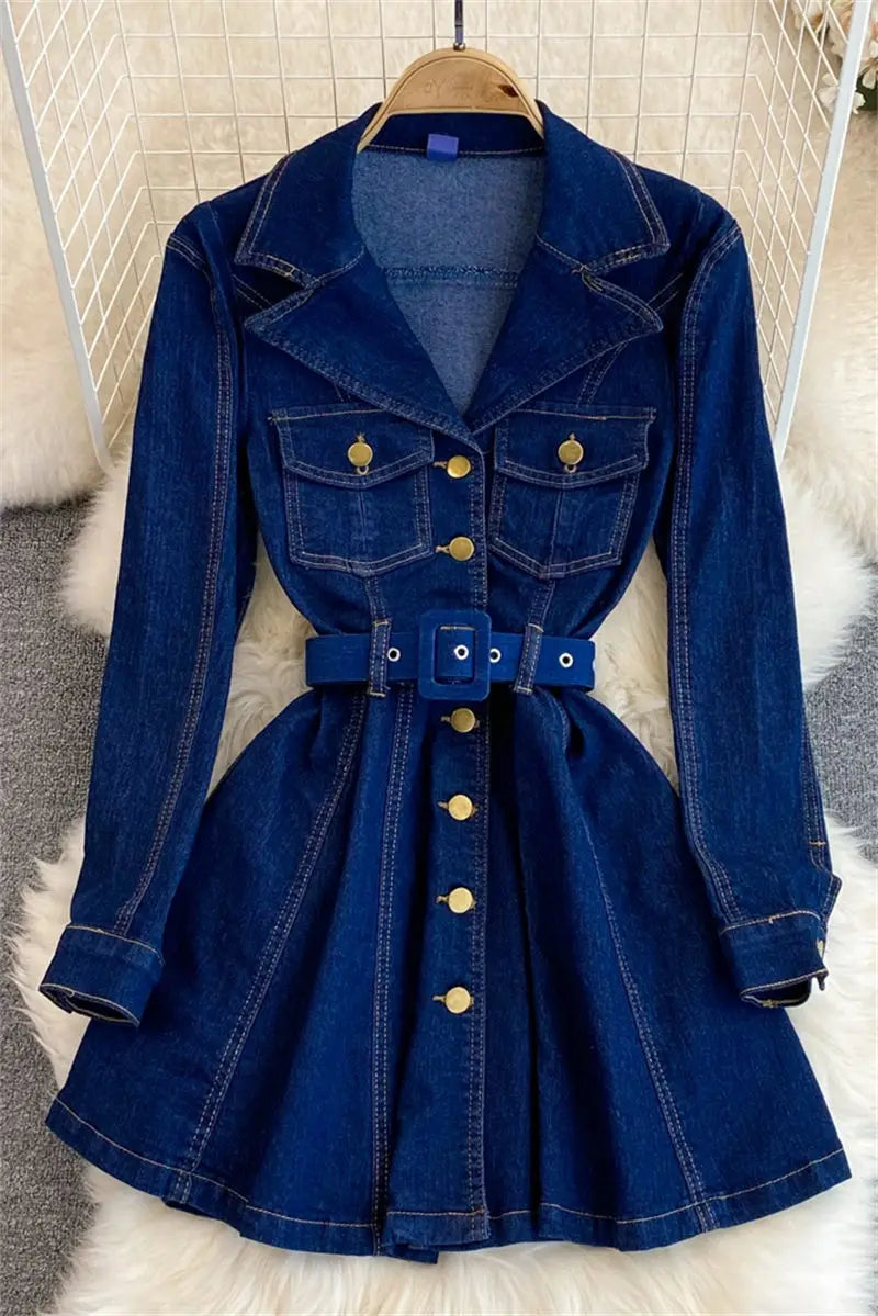 jinran 2024 Spring Autumn Retro High Quality Long Sleeve Suit Collar Double Breasted Slim A Line Denim Dress Women Shirt Jacket T1485