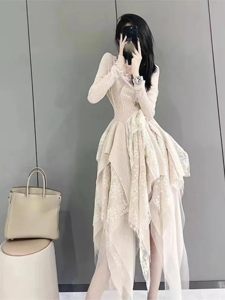 jinran - French Elegant Women's Vintage Dress 2022 Autumn Winter New Irregular Lace Splicing Evening Long Bridesmaid Party Dress