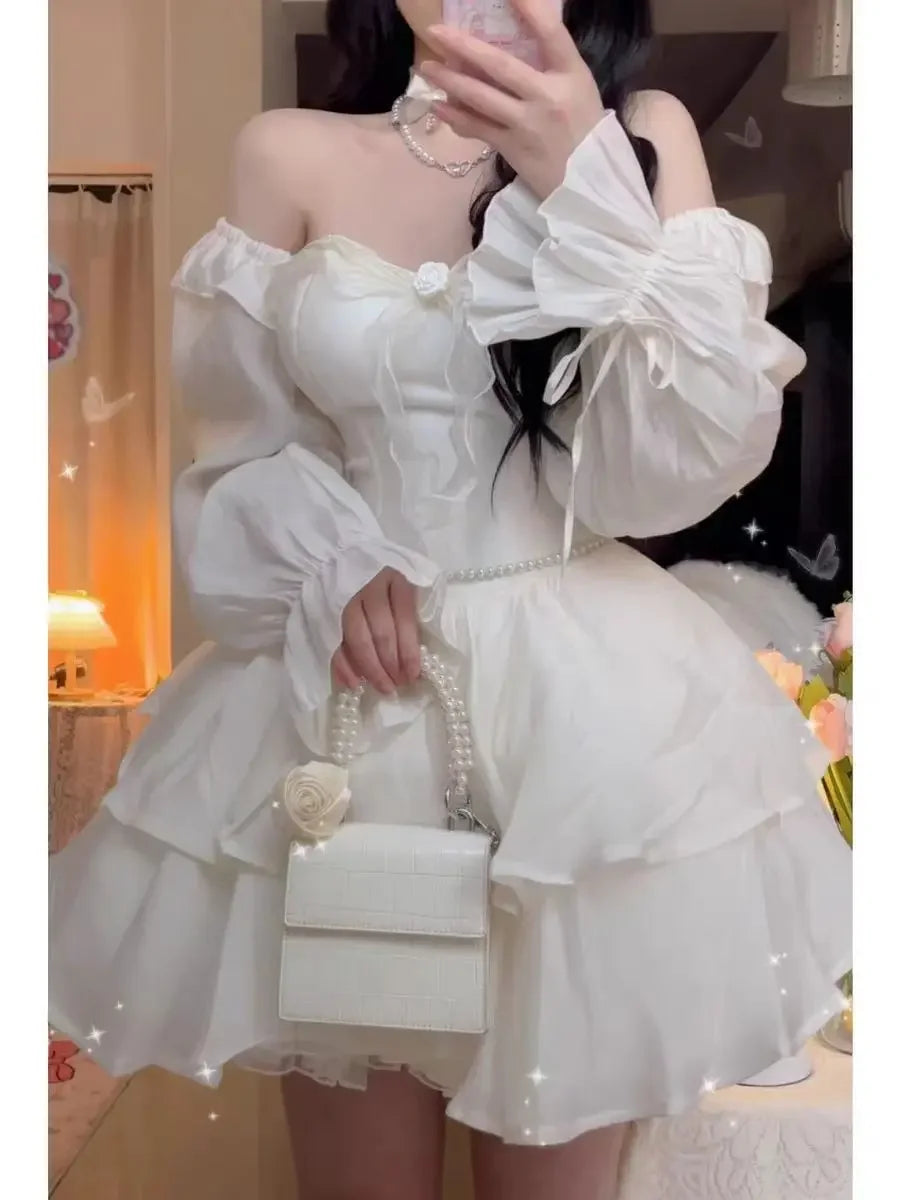 jinran Winter Solid Fairy Kawaii Long Sleeve Dress Women Korean Designer Lolita Mini Dress New Female Casual Fashion One Piece Dress