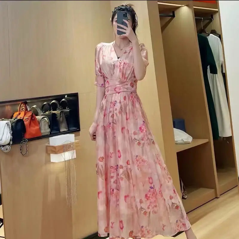 jinran Korean Fashion Puff Sleeve Floral Dress Loose Waist With Bandage New Women's Summer Dresses Elegant Casual Midi Vestidos Mujer