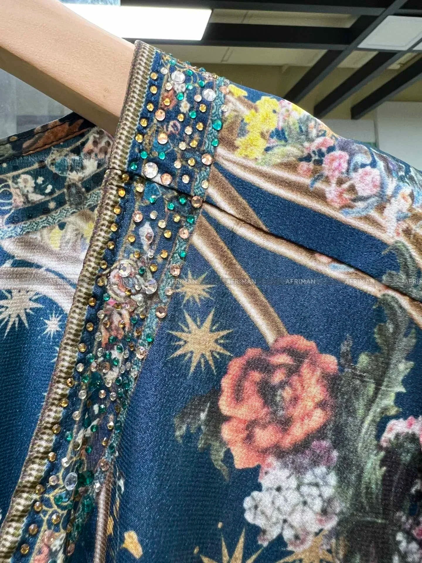 jinran Women V Neck Crystal Beaded Lantern Long Sleeve Blue Print Butterfly Embroidery Multi-layer Mini Silk Dress