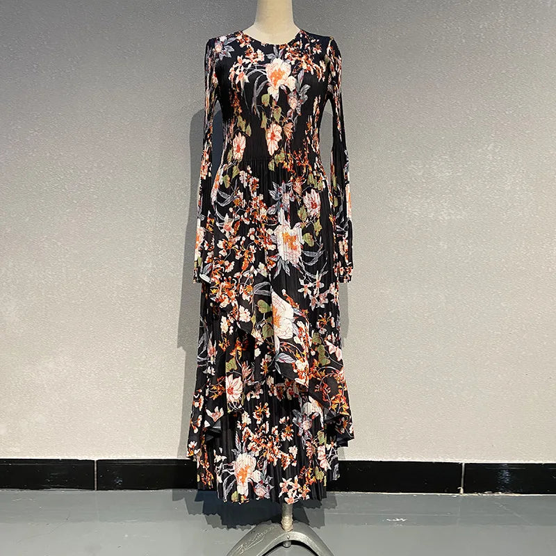 jinran 2024 Summer New Women's Printed Irregular Hem Splicing Dress Bohemian Style Fashion Holiday Leisure Pleated Dress