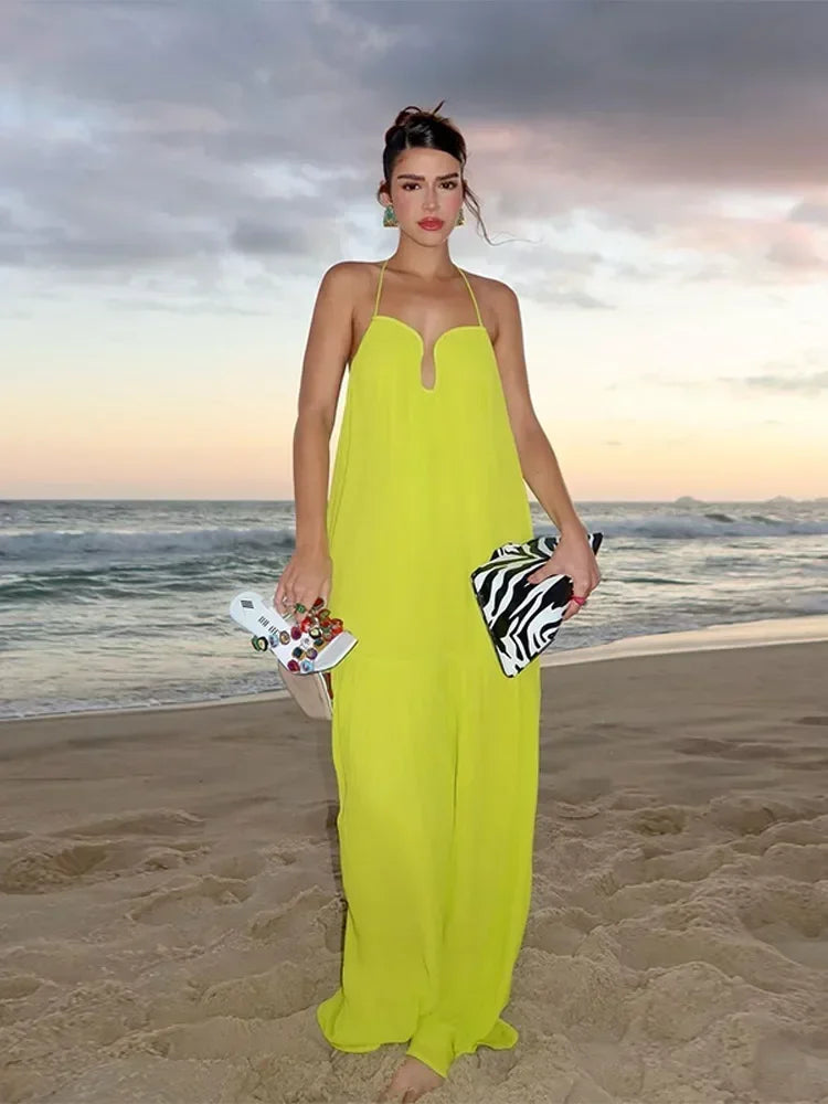 jinran Elegant Green Backless Halter Long Dress For Women Sleeveless Off Shoulder Loose Beach Dresses 2024 New Vocation Party Vestidos