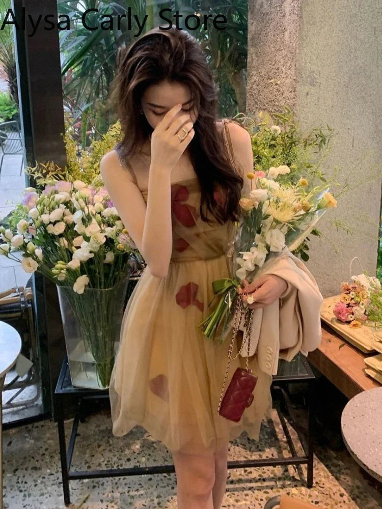 jinran Vintage Floral Strap Dress Women Sexy Backless Evening Party Fairy Dress Femme 2022 Spring High Street Korean Beach Casual Dress