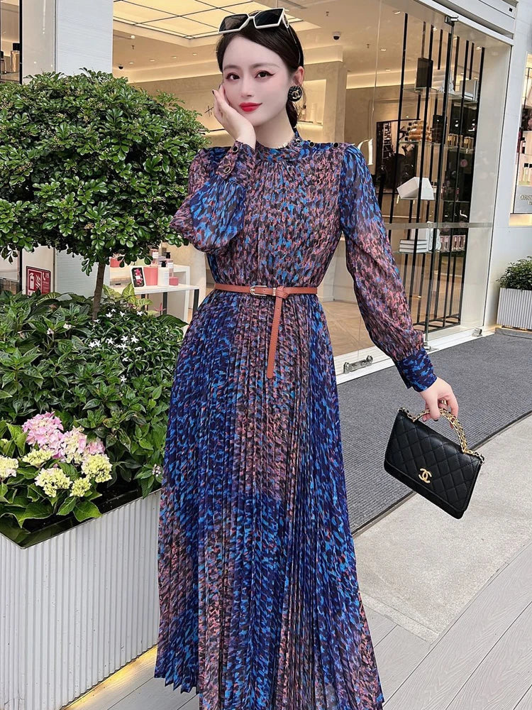 jinran Runway Leopard Print Long Pleated Dress Women 2024 Spring Elegant Designer Long Sleeve Vintage Bohemian Holiday Vestidos