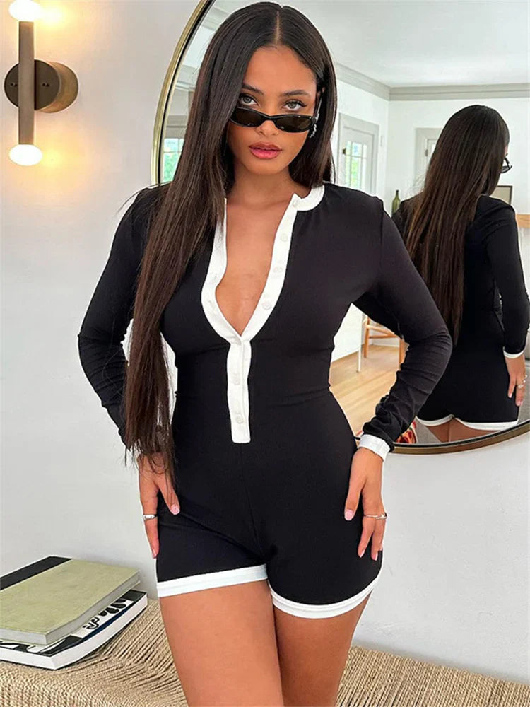 jinran Fashion Patchwork Slim Jumpsuit Female Contrast Autumn 2024 Long Sleeve High Waist Bodycon Rompers Women Casual Jumpsuit