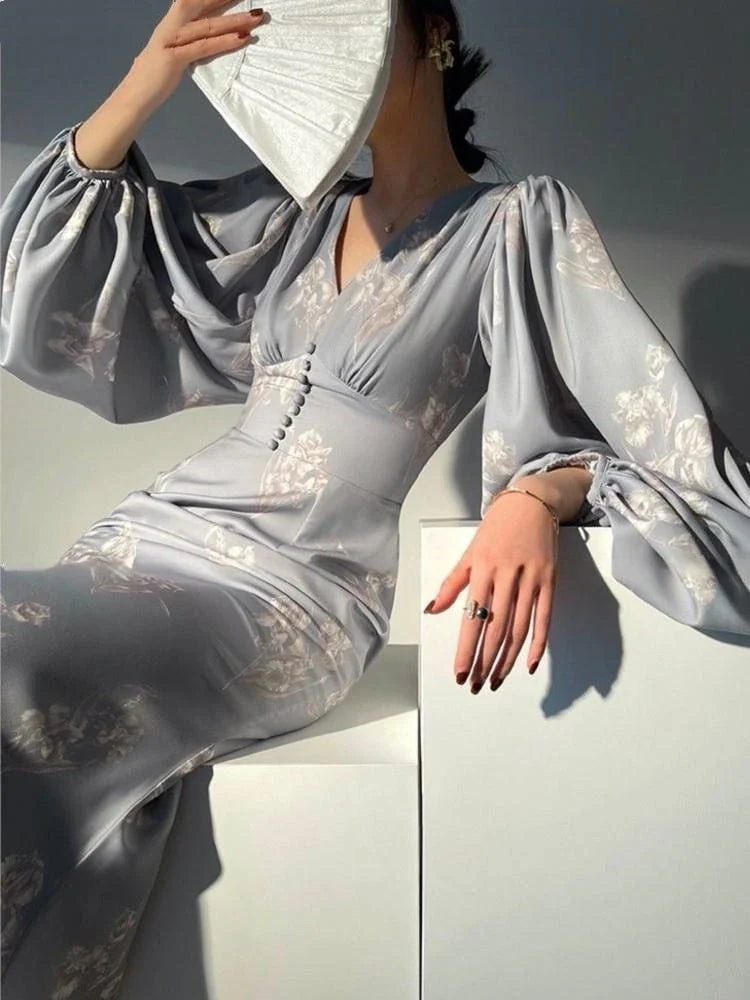 jinran Elegant Bodycon Printing Mermaid Dresses for Women Summer New Slim V-neck Long Sleeve Runway Party Robe 2024 Female Vestidos