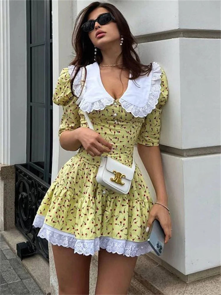 jinran Summer Printed Patchwork Mini Dress Female V-Neck Short Sleeve Slim Fashion Elegant Party Dress Gown For Women Dress 2024