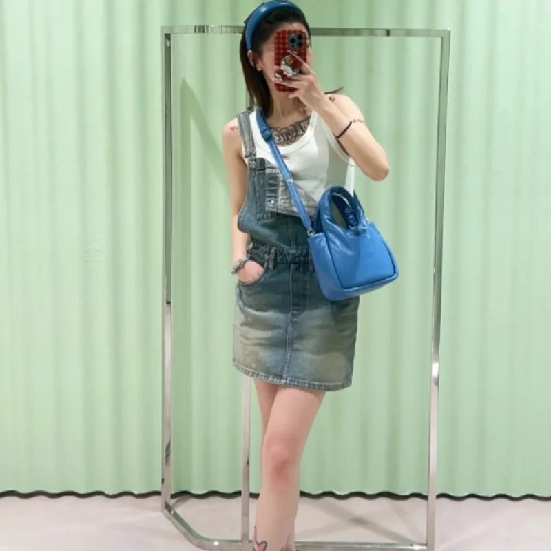 jinran 2024 Actual Pictures Fashion Brand Women's Denim Skirt Metal Triangle Label Camisole Vest One-piece Dresses Back Dresses