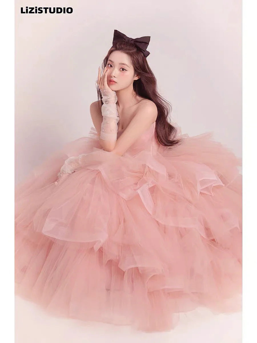 jinran Fairy Prom Dresses Sweetheart Sleeveless Cake Tiered Ruffle Quinceanera Pink Corset Lace-up Birthday Wedding Evening Gowns New