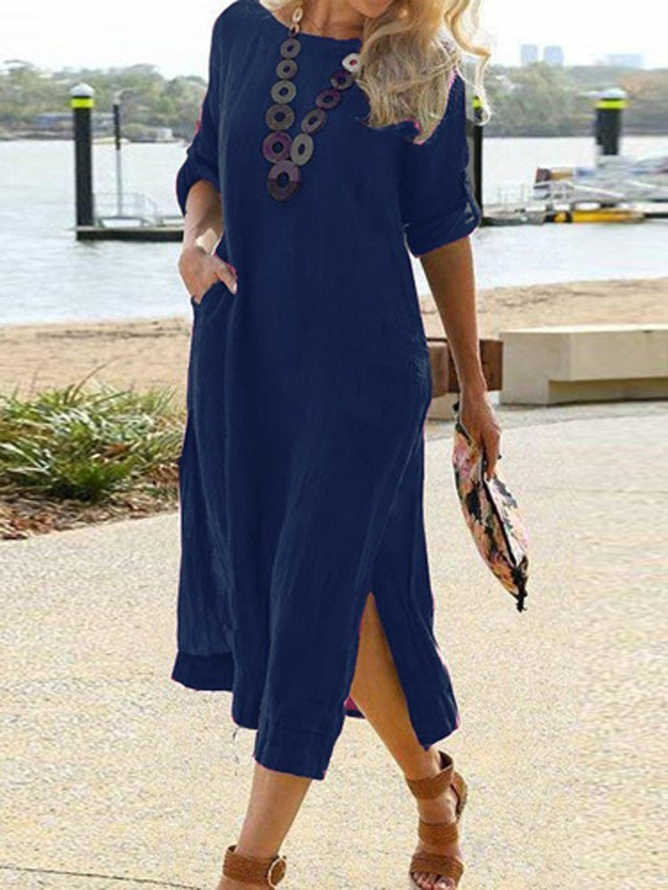 jinran Summer Short Sleeve Crew Neck Summer Dress Lady Holiday Solid Split Boho Long Dress Women Casual Loose Sundress Cover Up