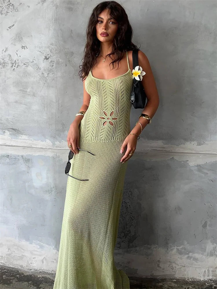 jinran Summer Knit Bandage Maxi Dress Female Hollow Out See-Through Printed High Waist Backless Beach Holiday Women Long Dress