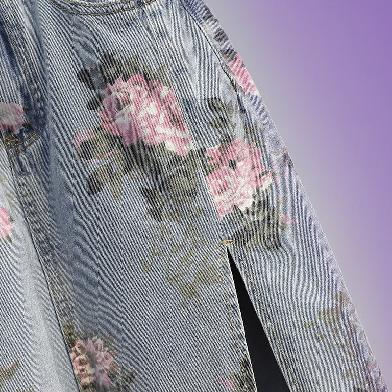 jinran Spring And Summer Trendy Flower Split Denim Skirt Women's 5XL Slightly Fat MM Thin Bag Hip Mid-length A-line Skirt