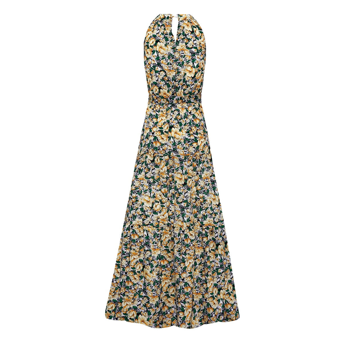 jinran Polka Dots Vintage Women Summer Halter Maxi Boho Dress Sleevless Navy Blue Floral Print Long Sash Beige A-line Beach Casual Robe