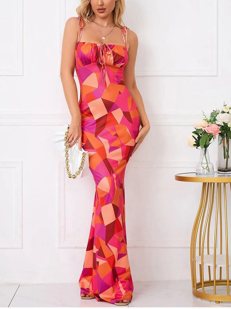 jinran Sexy Dress Women Summer Sleeveless Bohemian Floral Print Bandage Backless Slim Corset Long Dress Elegant Club Party Streetwear