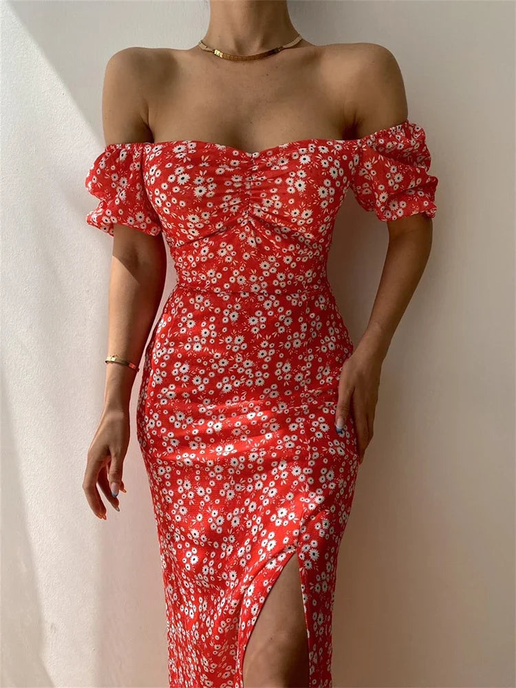 jinran Sexy Floral Print Short Sleeve Hip Wrap Party Dress Elegant Off Shoulder Backless Dress New Summer Waist Slit Boho Long Dresses