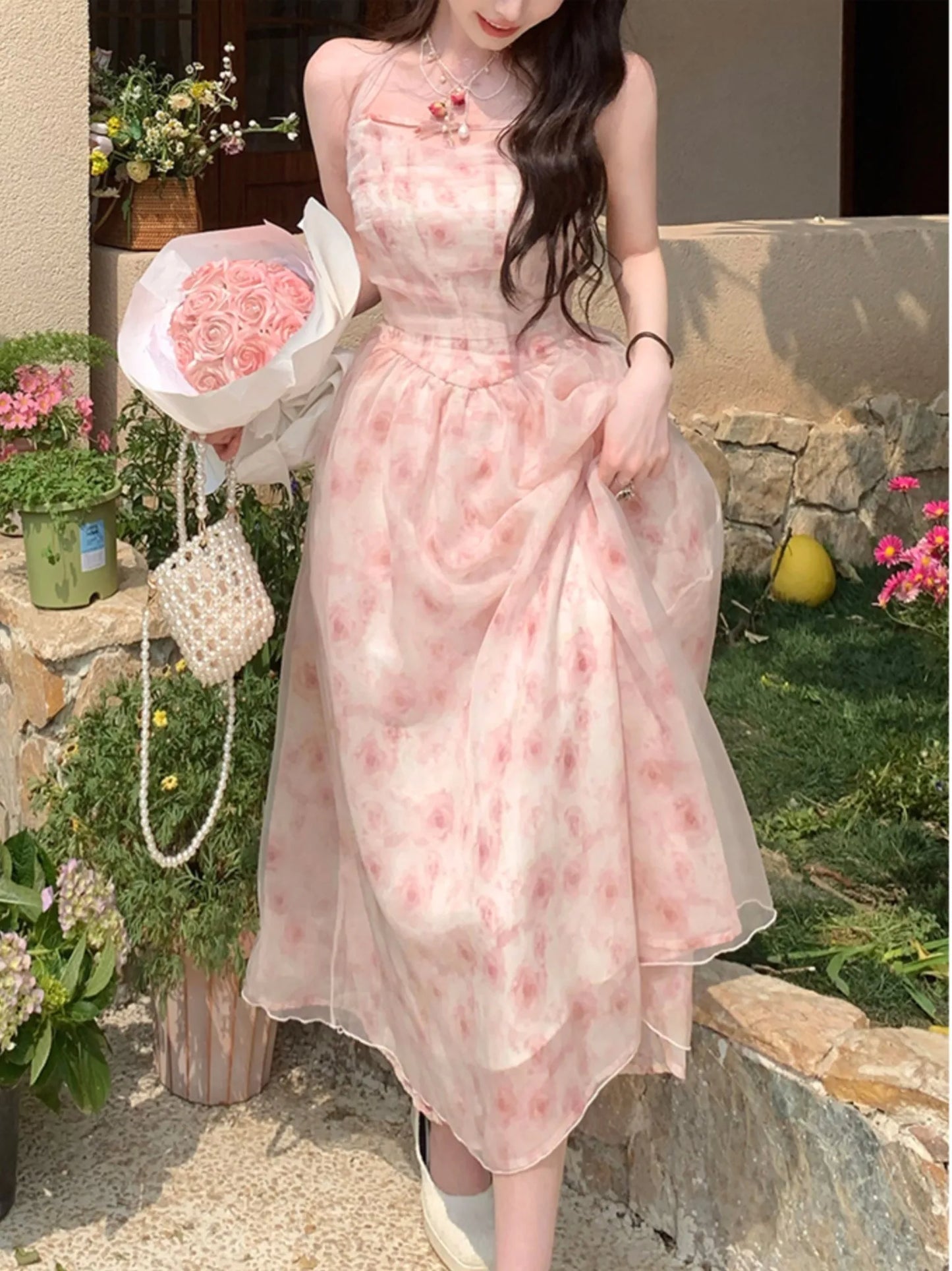 jinran Y2K Elegant Print Halter Dresses for Women Sweet Pink Casual Print Chiffon Sleeveless Party Dress Fairy Princess Vestido Mujer