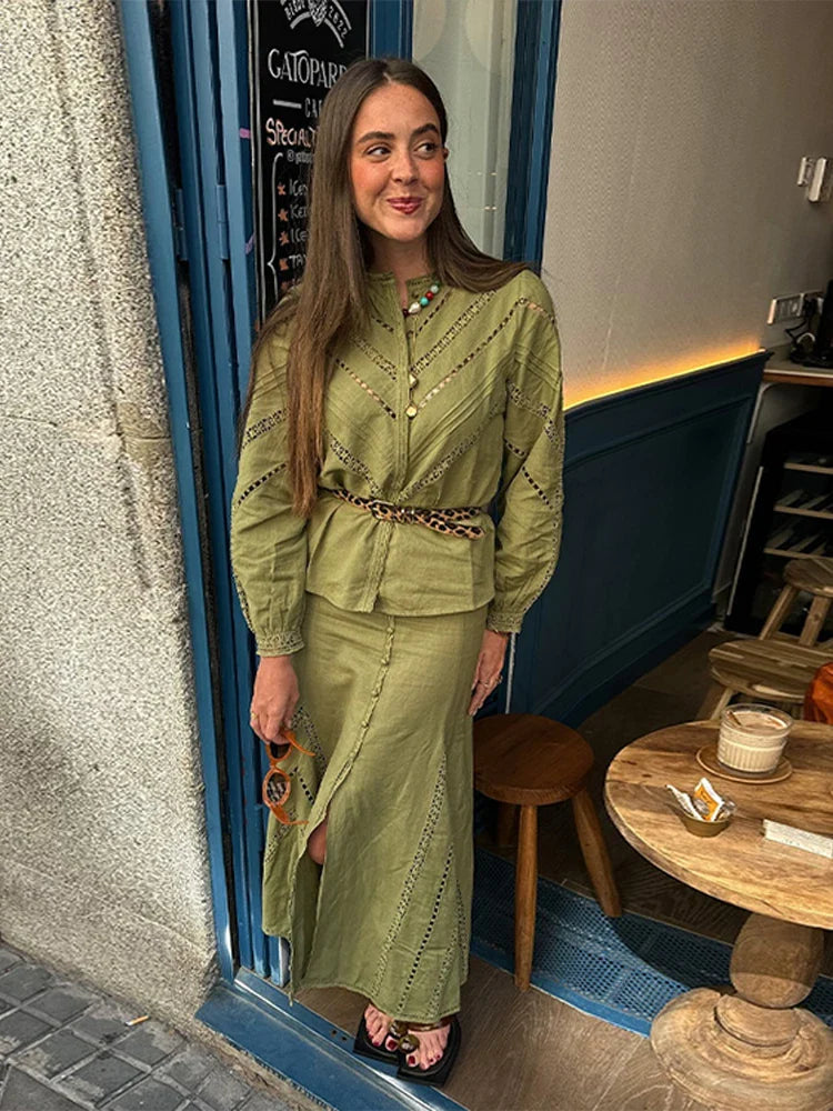 nvxiot - Hollow Out Loose Women Shirts Ruffles Front Split Skirt Casual Long Sleeve Cardigan Blouses Elegant Female Streetwear Skirt